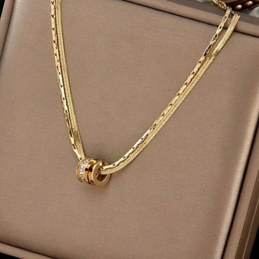 Casual Women's Stainless Steel Round Cz Inlaid Double Layer Necklace